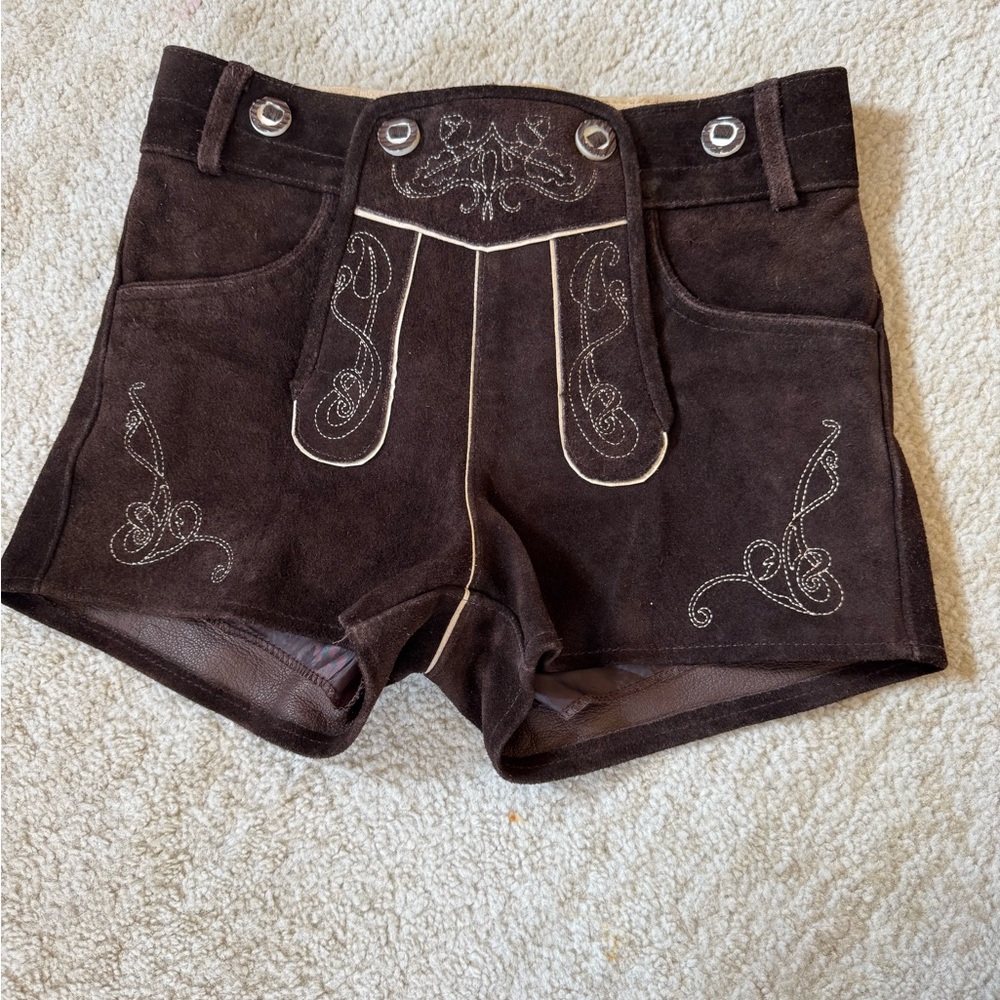 VINTAGE WALDSCHUTZ OKTOBERFEST DIRNDL TYROL LEATHER SHORTS WOMENS SIZE 34